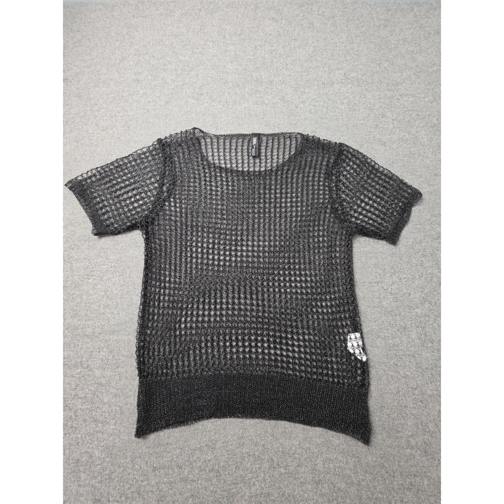 Zara Open Weave Metallic Mesh Top Womens Medium Black Short Sleeve Round Neck